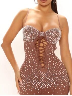 Fashion Nova Brown Embellished Lace-Up Mini Dress